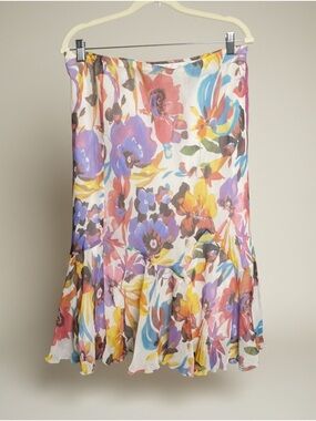 Vintage Floral Midi Skirt in White with Purple, Pink, Yellow & Blue